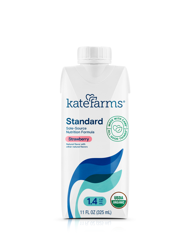 Kate Farms Standard strawberry nutrition formula 11 fl oz carton, front view, USDA organic