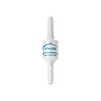Firesafe in-line medical oxygen safety valve with white plastic connectors, isolated on white background.