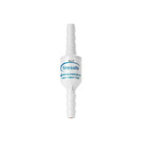 Firesafe in-line medical oxygen safety valve with white plastic connectors, isolated on white background.