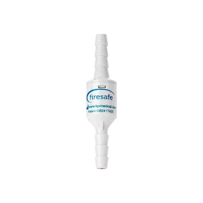 Firesafe in-line medical oxygen safety valve with white plastic connectors, isolated on white background.