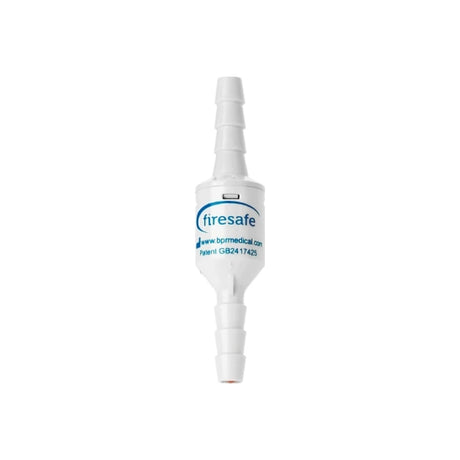 Firesafe in-line medical oxygen safety valve with white plastic connectors, isolated on white background.