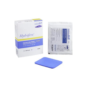 Hydrofera Blue antibacterial foam dressing with box, sterile pouch, and blue pad