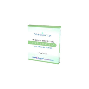 Simpurity Fibergel wound dressing box, 4x4 inch sterile gelling pads, medical supplies.