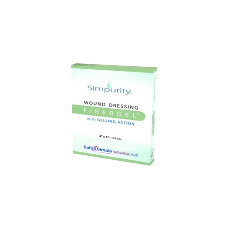 Simpurity Fibergel wound dressing box, 4x4 inch sterile gelling pads, medical supplies.