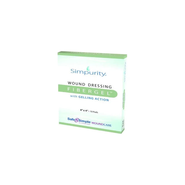 Simpurity Fibergel wound dressing box, 4x4 inch sterile gelling pads, medical supplies.