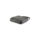Ergonomic black wheelchair seat cushion with contoured design and adjustable strap