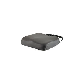 Ergonomic black wheelchair seat cushion with contoured design and adjustable strap