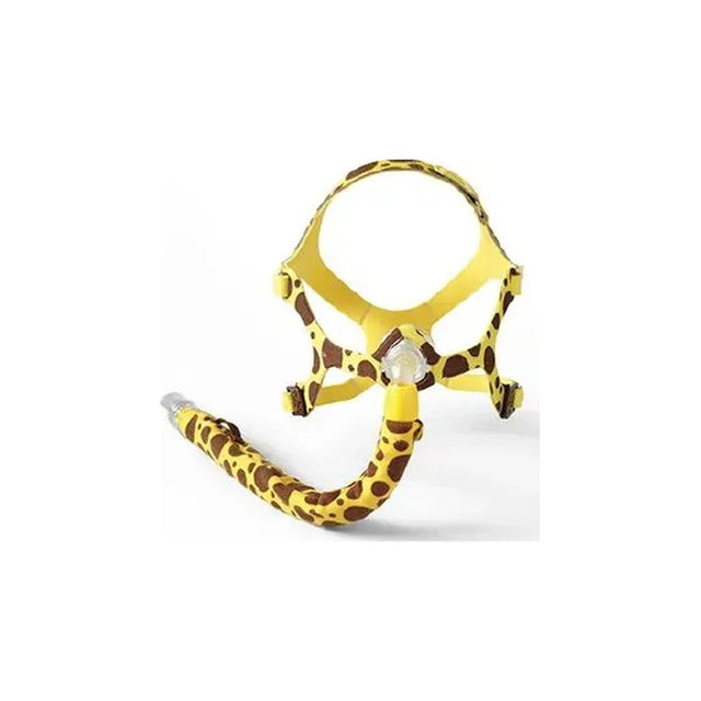 Child CPAP mask with giraffe print and yellow straps for pediatric sleep apnea therapy