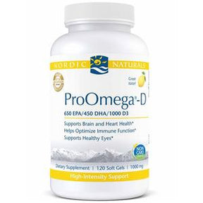 Nordic Naturals ProOmega-D dietary supplement bottle with 120 soft gels, omega-3 and vitamin D3 support