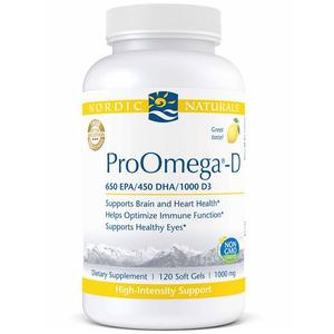 Nordic Naturals ProOmega-D dietary supplement bottle with 120 soft gels, omega-3 and vitamin D3 support