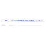 12 Fr intermittent straight male catheter with sterile packaging on a white background.