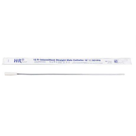 12 Fr intermittent straight male catheter with sterile packaging on a white background.