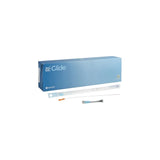 Blue box of medical catheters with individual sterile packaging and lubricant sachet