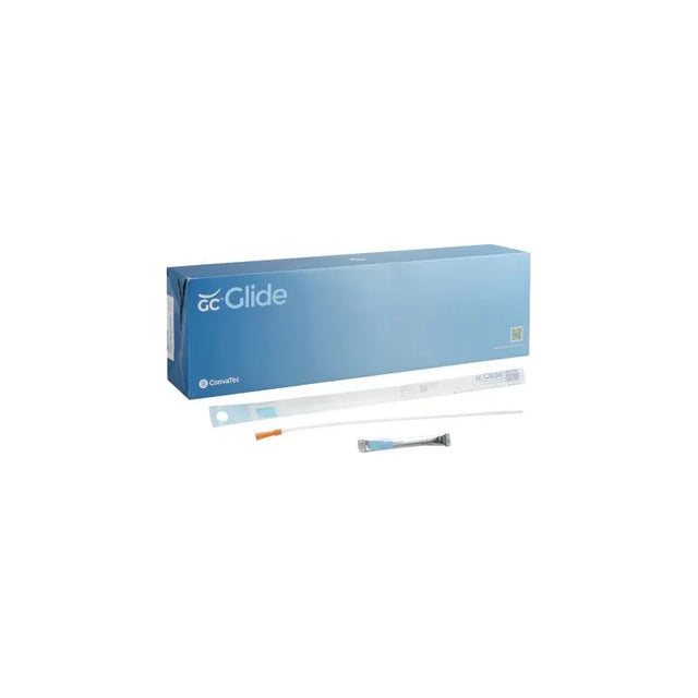 Blue box of medical catheters with individual sterile packaging and lubricant sachet