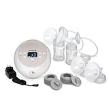 Electric breast pump kit with bottles, flanges, power adapter, and accessories on white background