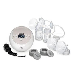 Electric breast pump kit with bottles, flanges, power adapter, and accessories on white background