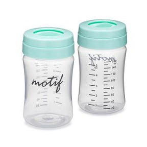Two clear plastic baby bottles with teal lids and measurement markings, medical supply
