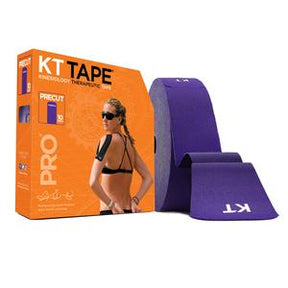 Purple KT Tape Pro kinesiology tape in front of product box, shown for muscle support