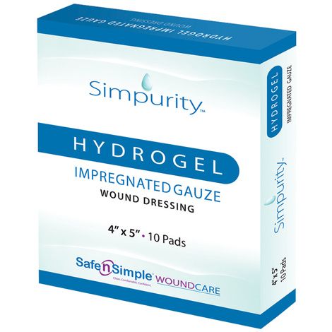 Box of Simpurity hydrogel impregnated gauze wound dressing, 4x5 inches, 10 pads