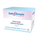 Box of extra large adhesive remover moist wipes for medical use, 50 count, 4 x 4 3/4 inches