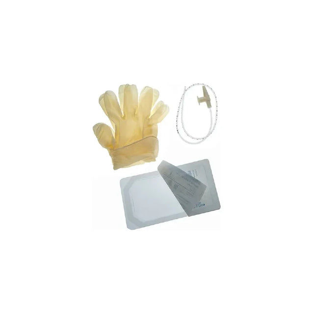 Sterile medical kit with latex gloves, tubing, and packaging for home healthcare use