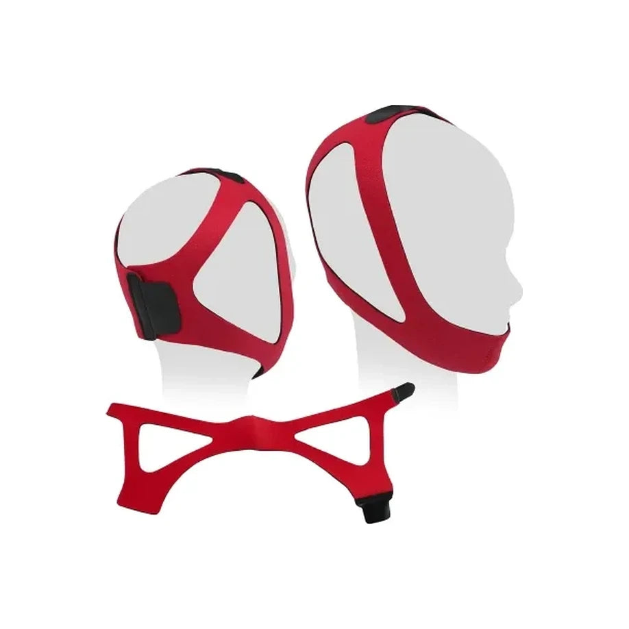 Red adjustable CPAP chin strap shown on mannequin heads, sleep apnea support accessory
