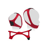 Red adjustable CPAP chin strap shown on mannequin heads, sleep apnea support accessory