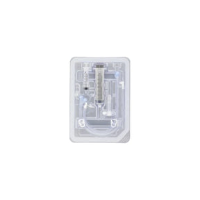 Sterile medical supplies kit with syringes and tubing in transparent plastic tray