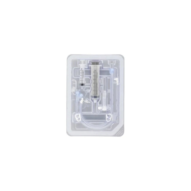 Sterile medical supplies kit with syringes and tubing in transparent plastic tray