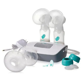 Electric breast pump kit with bottles, tubing, flanges, and power adapter on white background