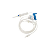 IV infusion set with drip chamber, tubing, and blue clamp on white background