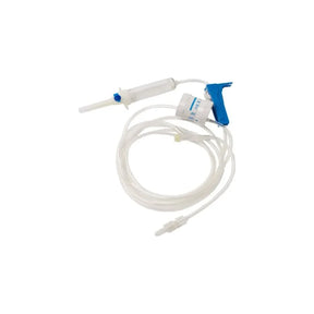 IV infusion set with drip chamber, tubing, and blue clamp on white background