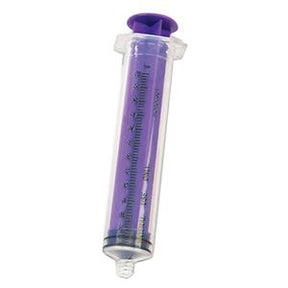 Purple medical syringe with clear barrel and measurement markings for home healthcare use