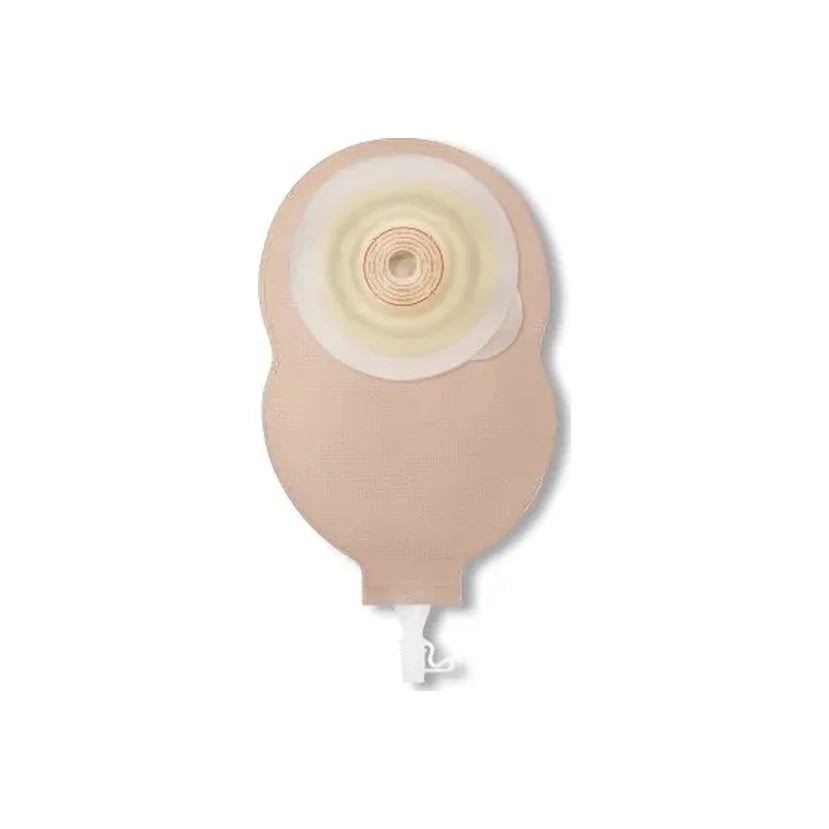Beige ostomy pouch with adhesive barrier and drainable closure on white background.