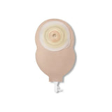 Beige ostomy pouch with adhesive barrier and drainable closure on white background.
