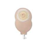 Beige one-piece drainable ostomy pouch with skin barrier on white background