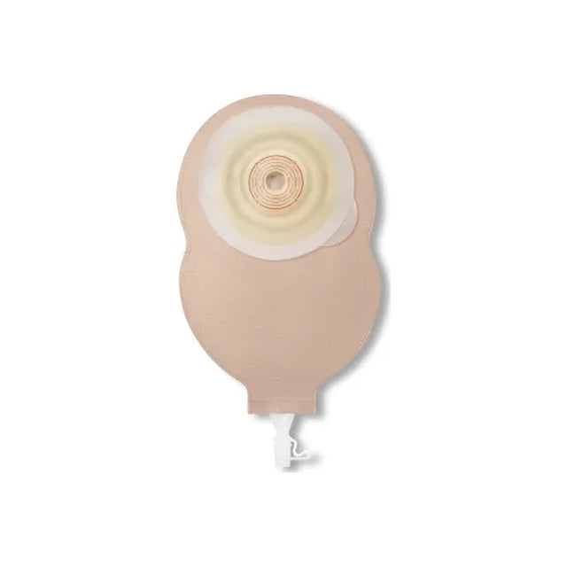 Beige one-piece drainable ostomy pouch with skin barrier on white background