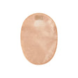 Beige disposable ostomy pouch for medical stoma care, isolated on white background.