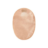 Beige disposable ostomy pouch for medical stoma care, isolated on white background.