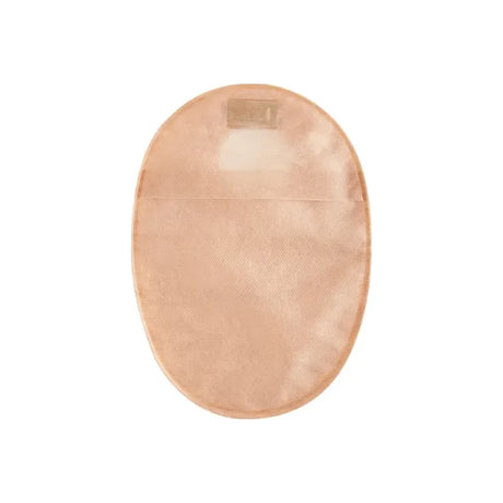 Beige disposable ostomy pouch for medical stoma care, isolated on white background.