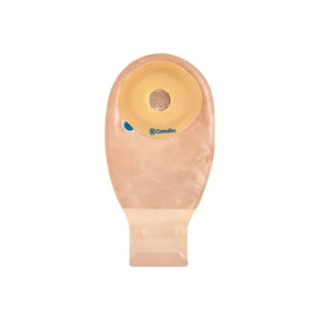 One-piece beige drainable ostomy pouch with adhesive barrier on white background