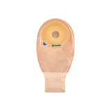 Front view of a beige ostomy bag with adhesive barrier and drainable closure.
