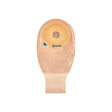 Ostomy bag with adhesive barrier and drainable closure for stoma care