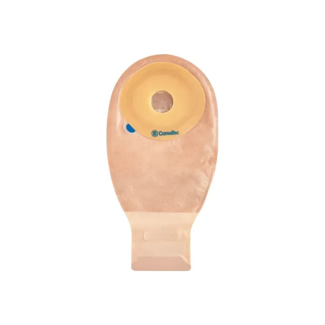 One-piece beige ostomy pouch with circular adhesive barrier for stoma care