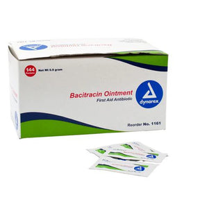 Box of Dynarex Bacitracin Ointment antibiotic packets for wound care, shown on white background