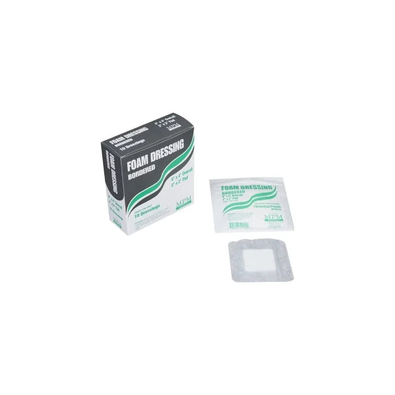 Box of bordered foam dressings with individual sterile dressing and package