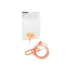 Orange medical feeding bag with attached tubing and labeled white pouch on white background