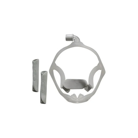 Adjustable CPAP nasal mask frame with two soft foam headgear pads on white background