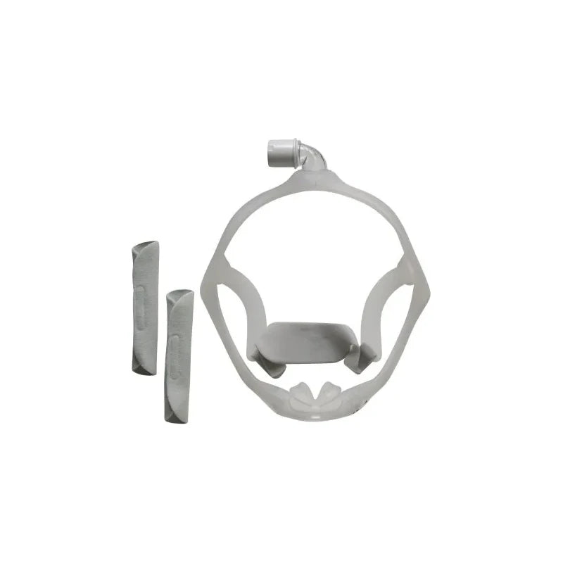 Silicone CPAP mask frame and two soft headgear pads on white background