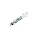 Sterile medical syringe with clear barrel and black measurement markings on white background